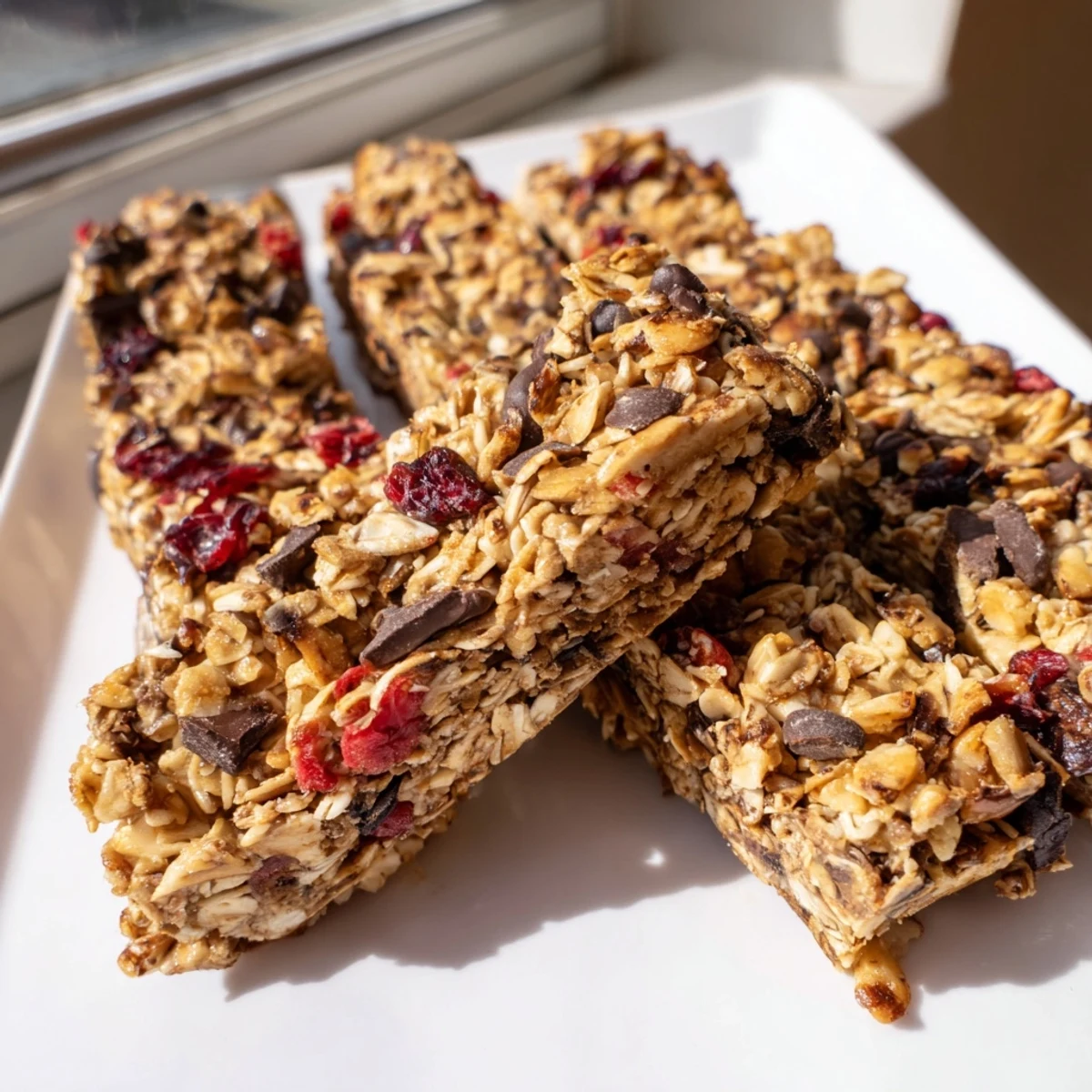 A platter of chewy homemade granola bars, ready to eat, with visible seeds and fruit pieces.