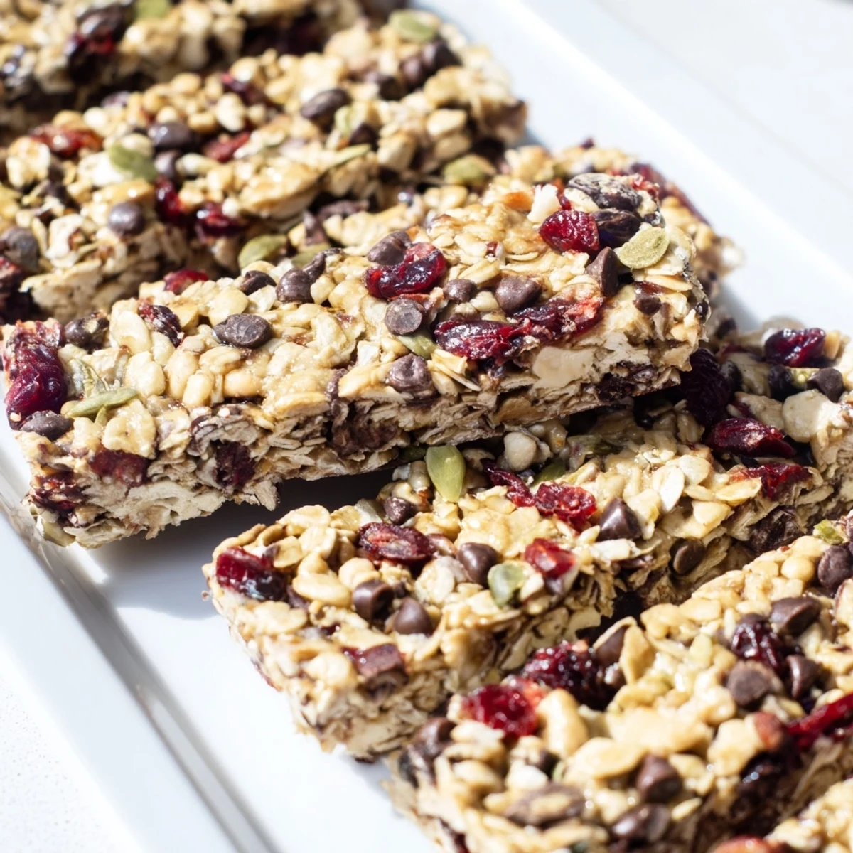 Close-up of freshly baked granola bars, full of oats, nuts, and chocolate chips—a healthy snack.