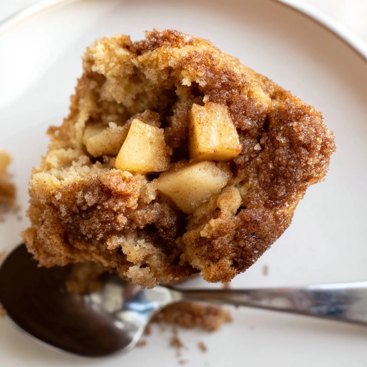 A close-up of fluffy Cinnamon Apple Muffins, showing diced apples within a tender, delicious crumb.