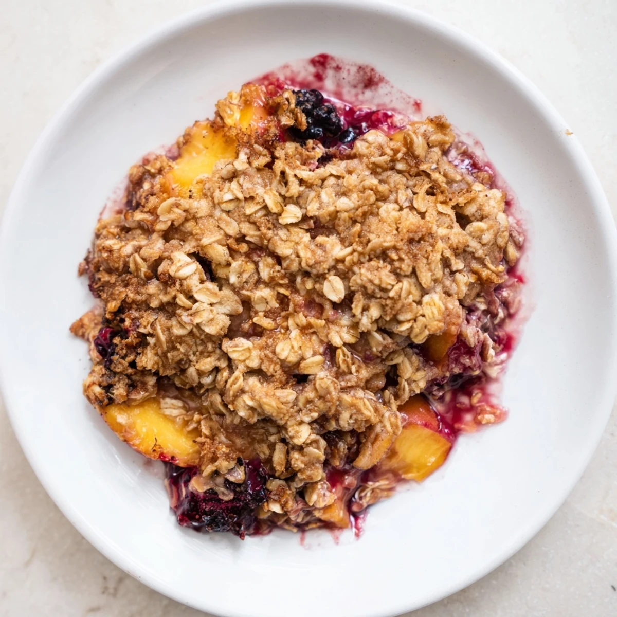 Golden-brown fruit crisp with frozen fruit, cinnamon, and a buttery oat crumble, ready to serve warm.