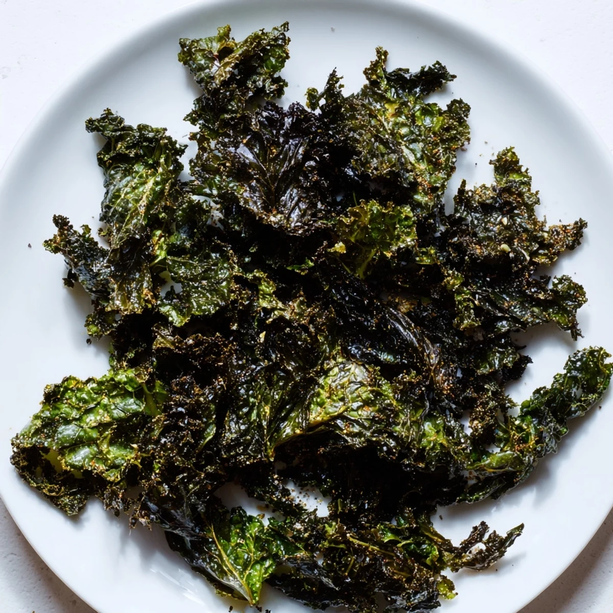 Close-up of perfectly seasoned baked kale chips, showing their crunchy texture and vibrant green color.