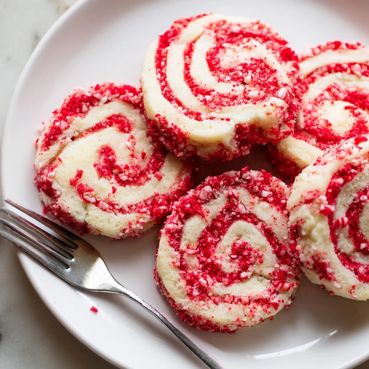 Close-up of freshly baked Candy Cane Pinwheel Cookies, showcasing the peppermint flavor and holiday beauty.