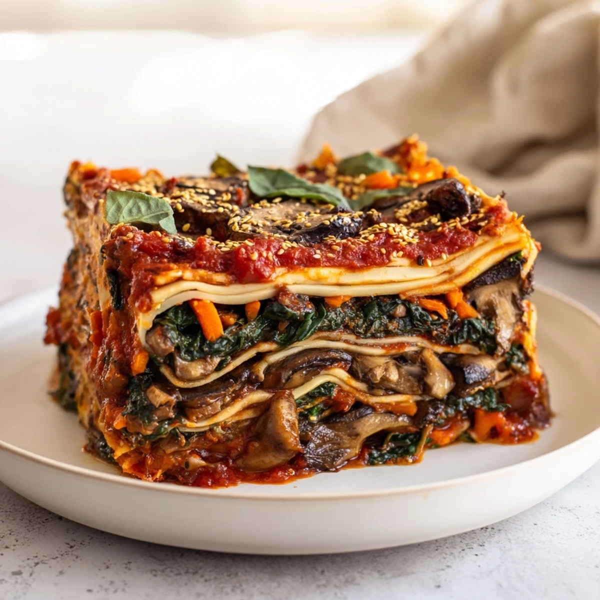 Steaming vegan mushroom spinach lasagna, layered with creamy béchamel, fresh basil, and rich tomato sauce.