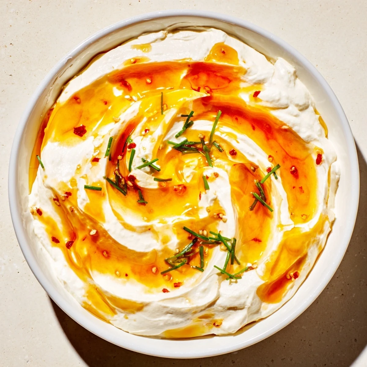 Creamy whipped ricotta dip with a beautiful hot honey swirl, ready to be scooped up.