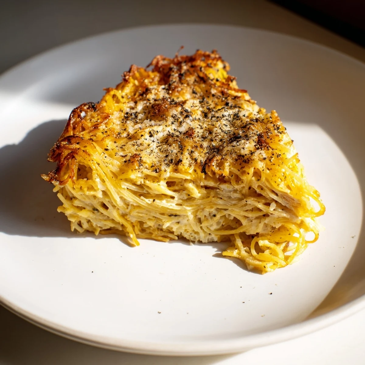 Imagine layers of crispy spaghetti in this rich Cacio e Pepe Pasta Pie with a perfect crust.