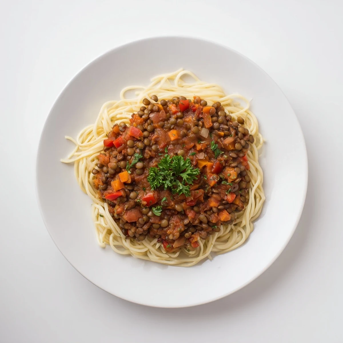 Garnish of fresh parsley atop flavorful Hearty Lentil Bolognese, a rich and satisfying vegan classic dish.