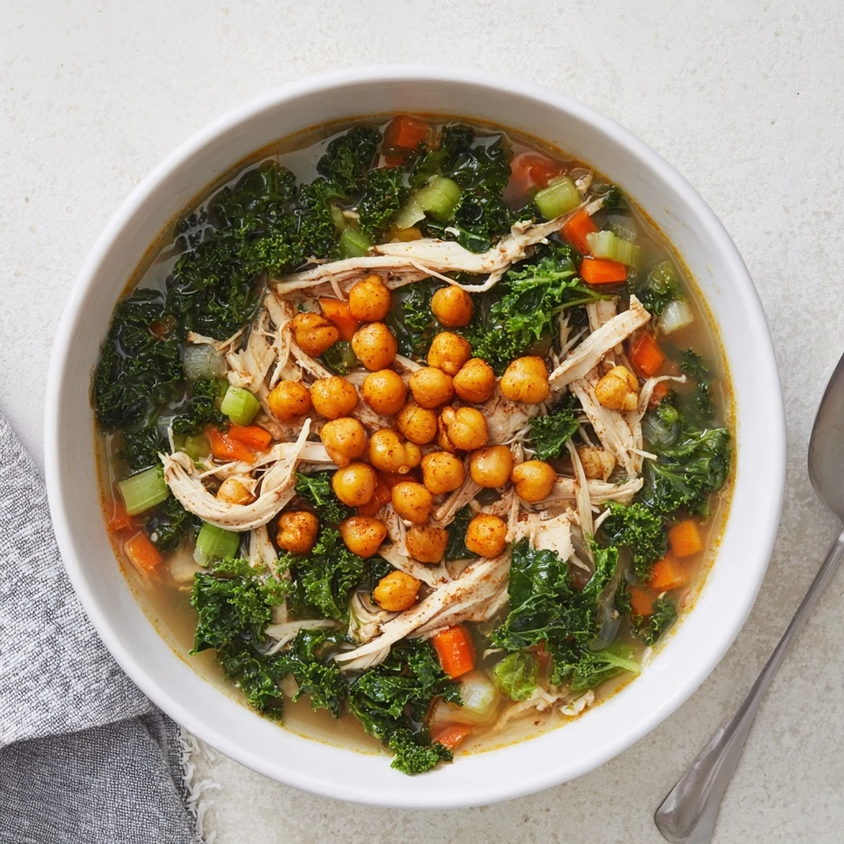 Homemade Chicken Kale Soup with Crispy Chickpeas topped with golden, crunchy chickpeas for added texture.