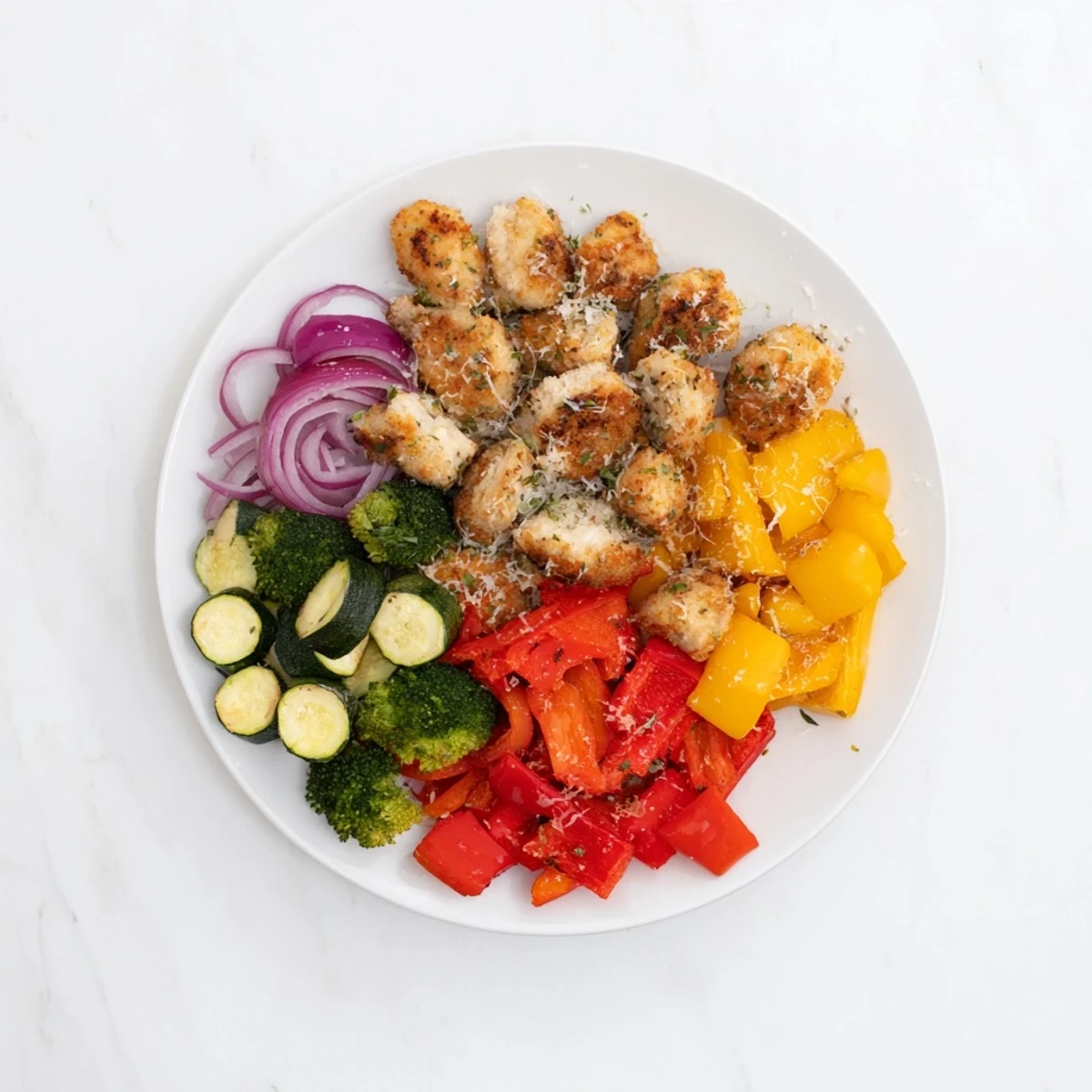 One-pan Garlic Parmesan Chicken Bites, beautifully browned with herbs and cheese, accompanied by roasted bell peppers.