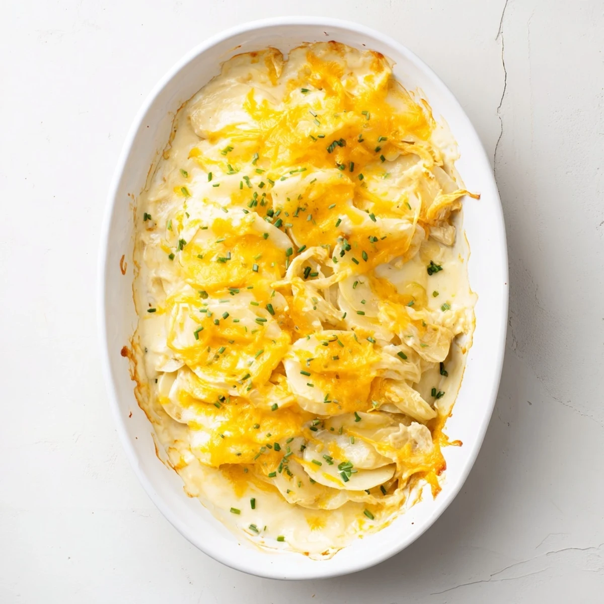 This photo features a baked dish of classic, flavorful, Southern-style Cheesy Scalloped Potatoes, ready to serve.