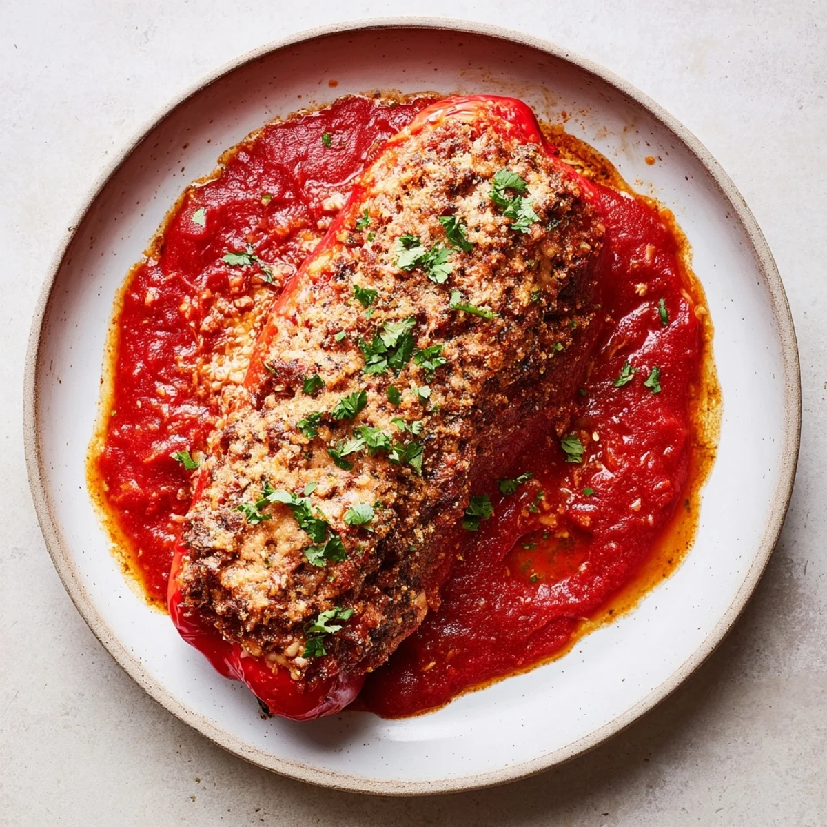 A close-up shows the hearty filling of Sloppy Joe stuffed bell peppers, baked until tender and delicious with cheese.