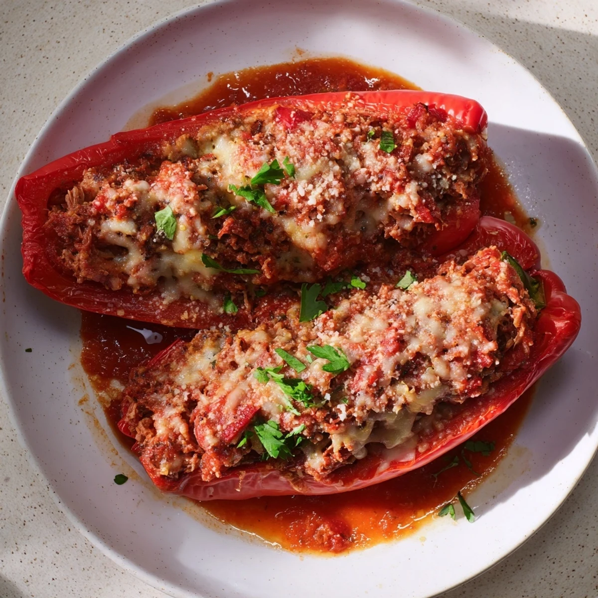 Warm, flavorful Sloppy Joe stuffed bell peppers, a quick and easy American dinner, are served with fresh parsley garnish.