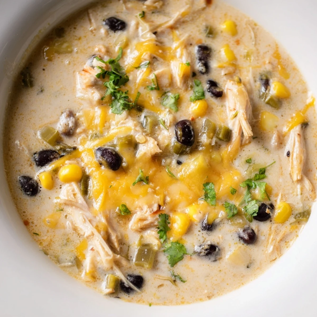 Enjoy a steaming bowl of Chicken Poblano Soup, showcasing the tender shredded chicken and beans.