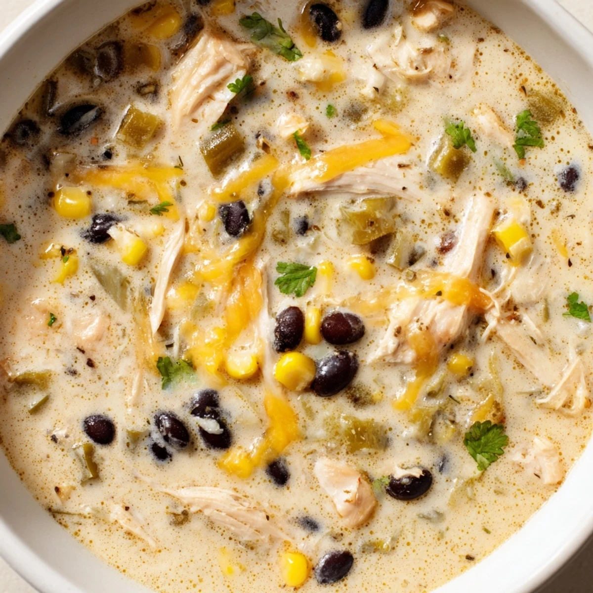 This vibrant photo shows a hearty Chicken Poblano Soup, perfect for a cozy weeknight meal.