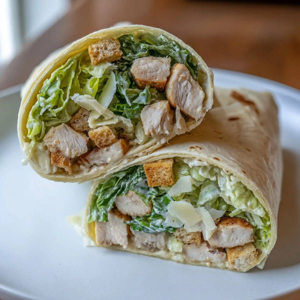 Juicy Chicken Caesar Wraps, bursting with creamy dressing, lettuce, and savory chicken filling, ready to eat.