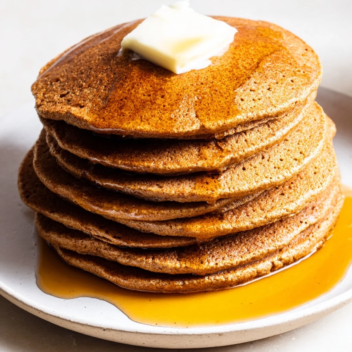 Stack of fluffy Gingerbread Pancakes, perfectly cooked with warmly spiced aroma, ideal for winter mornings.