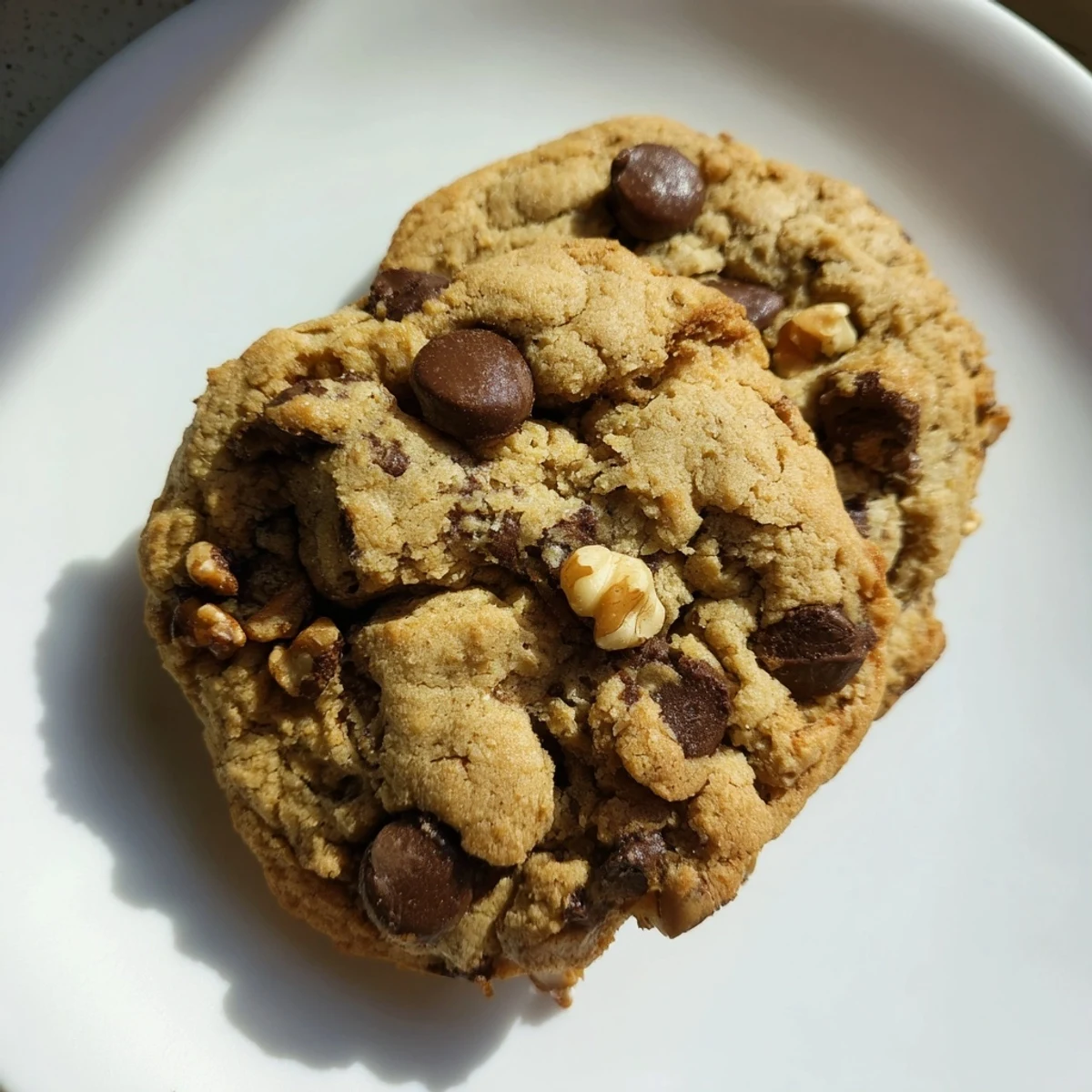 Close-up shot shows a delightful bite of a chewy protein chocolate chip cookie, bursting with flavor.