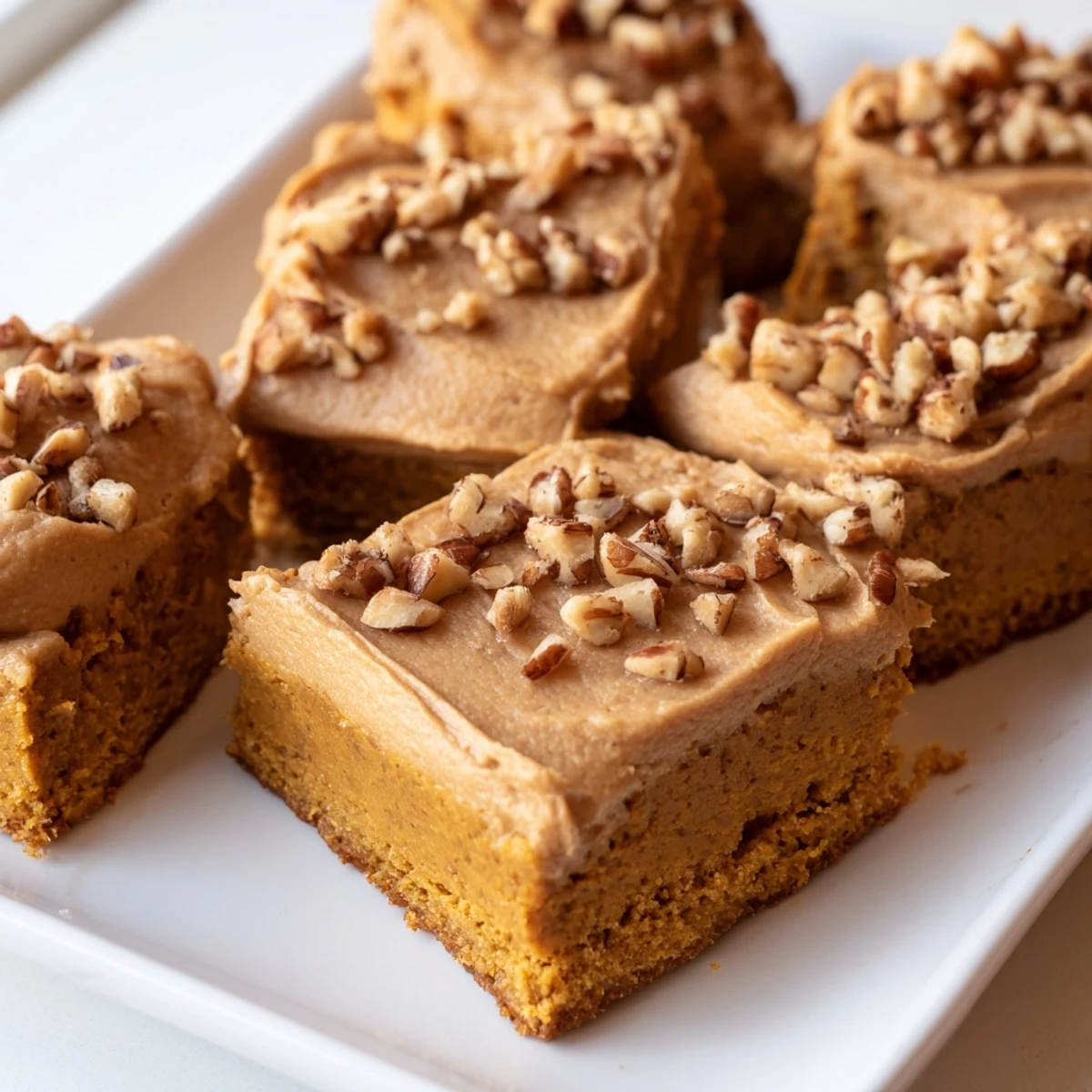 A close-up of frosted pumpkin bars, offering a visual of the tasty dessert to enjoy.