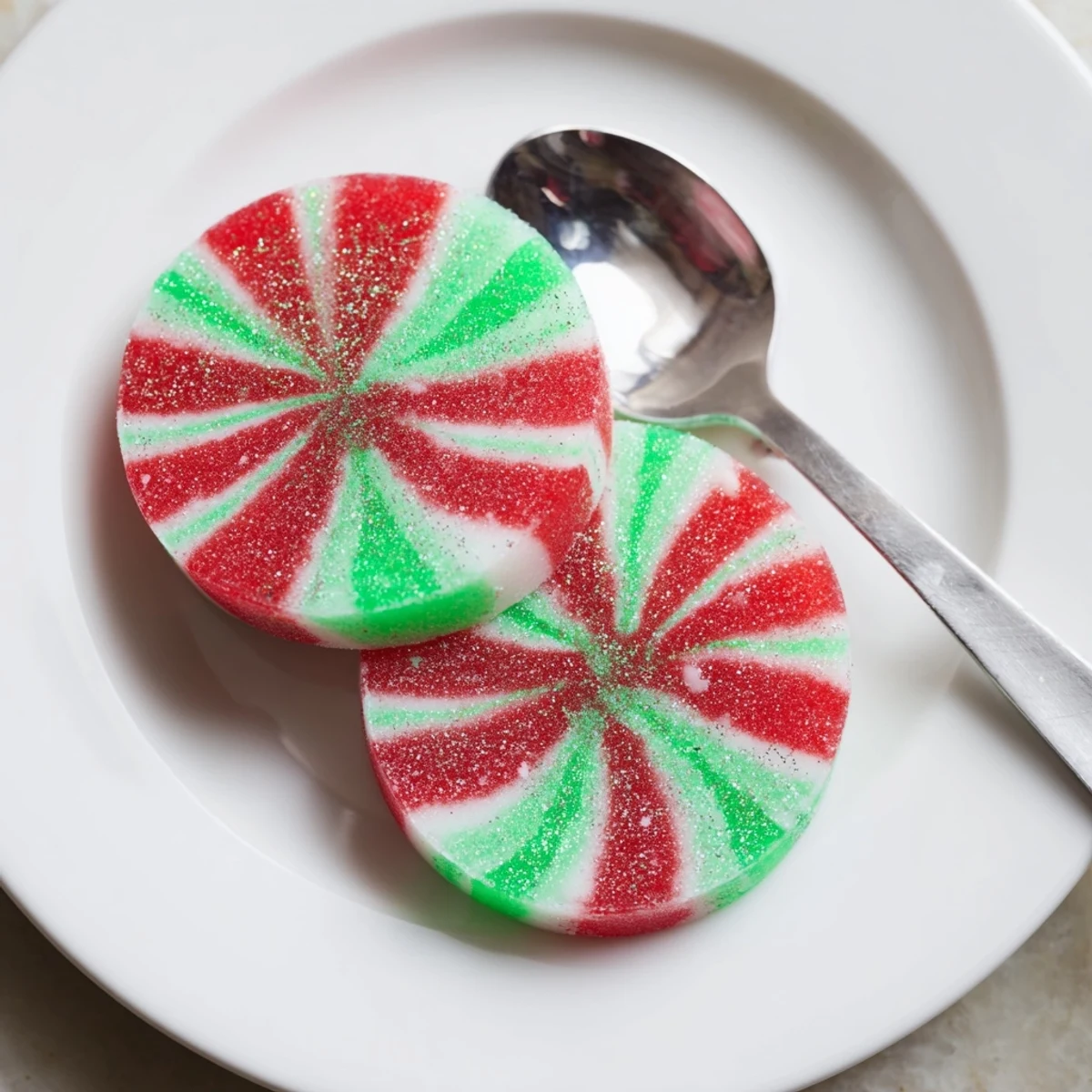 Melting peppermint candies form elegant Express Peppermint Candy Bows, topped with sparkling edible glitter, ready for gifting.
