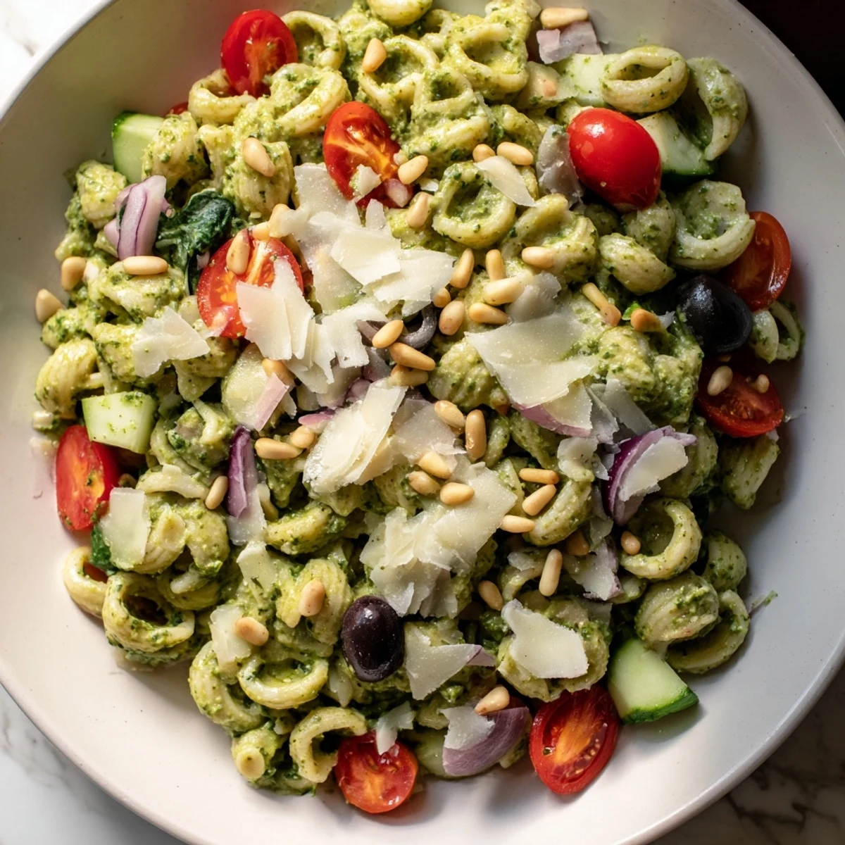 Enjoy a refreshing Caesar Pesto Ditalini Salad, a flavorful vegetarian option with pesto and fresh vegetables.