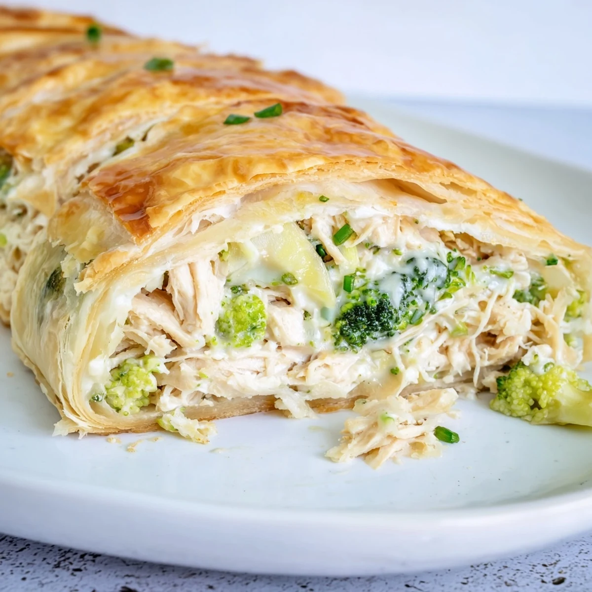 Golden baked Creamy Chicken and Broccoli Puff Pastry Rolls, an enticing appetizer, ready to eat.