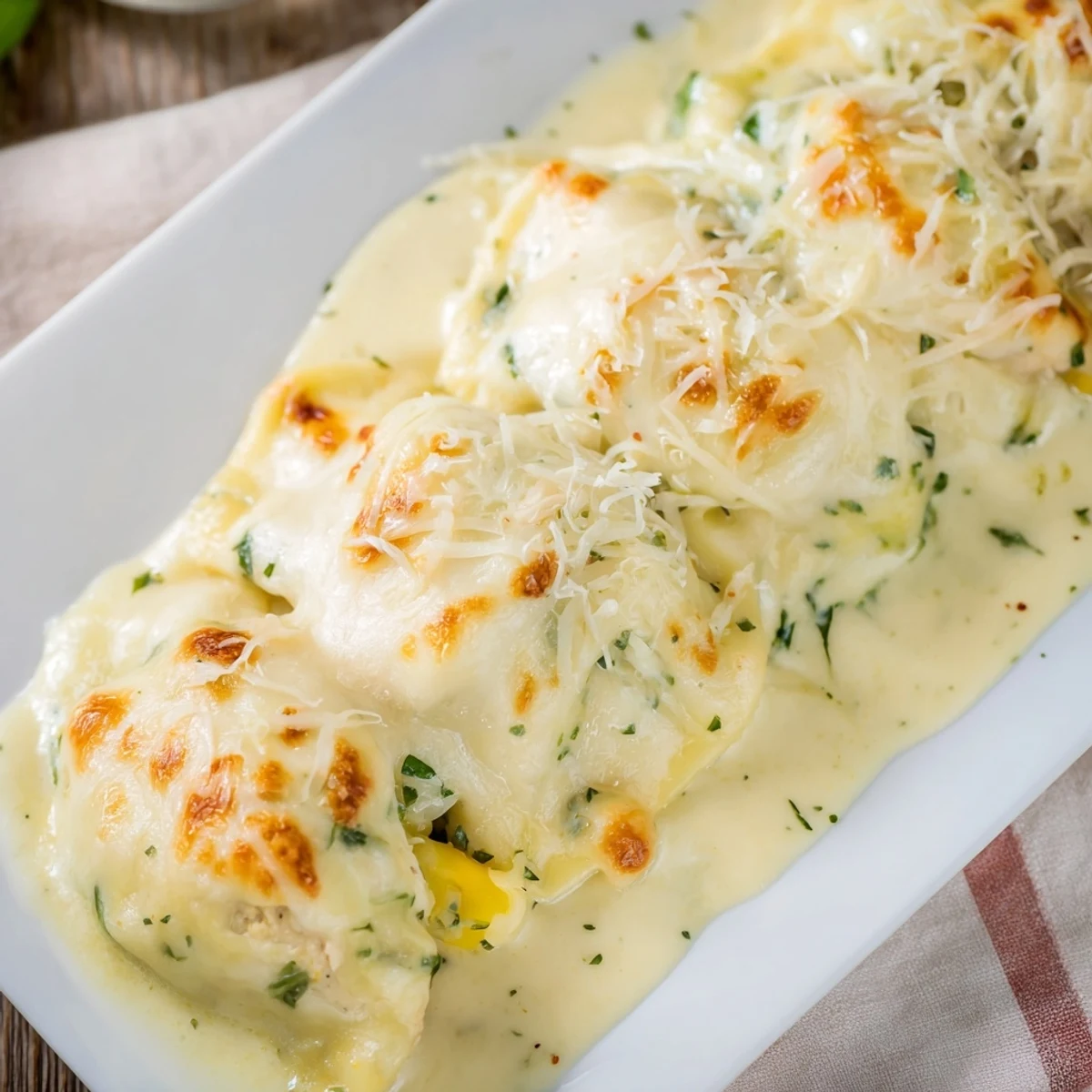 Golden, bubbly Chicken Pot Pie Ravioli Bake with melted cheese and a creamy chicken filling.