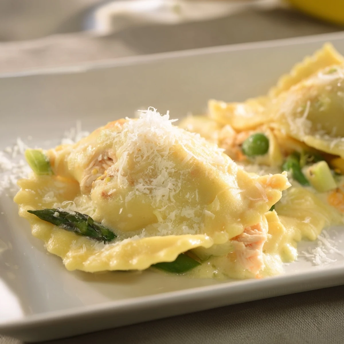 A close-up shot of a warm Chicken Pot Pie Ravioli Bake, perfect comfort food, ready to serve.