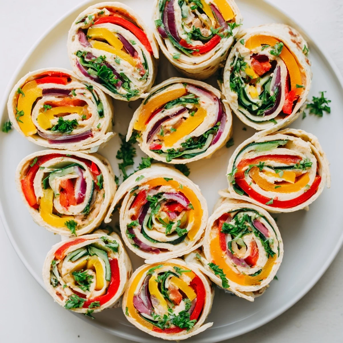 Vibrant candy cane arrangement of Roasted Veggie & Hummus wrap roll-ups with tender, colorful veggies.