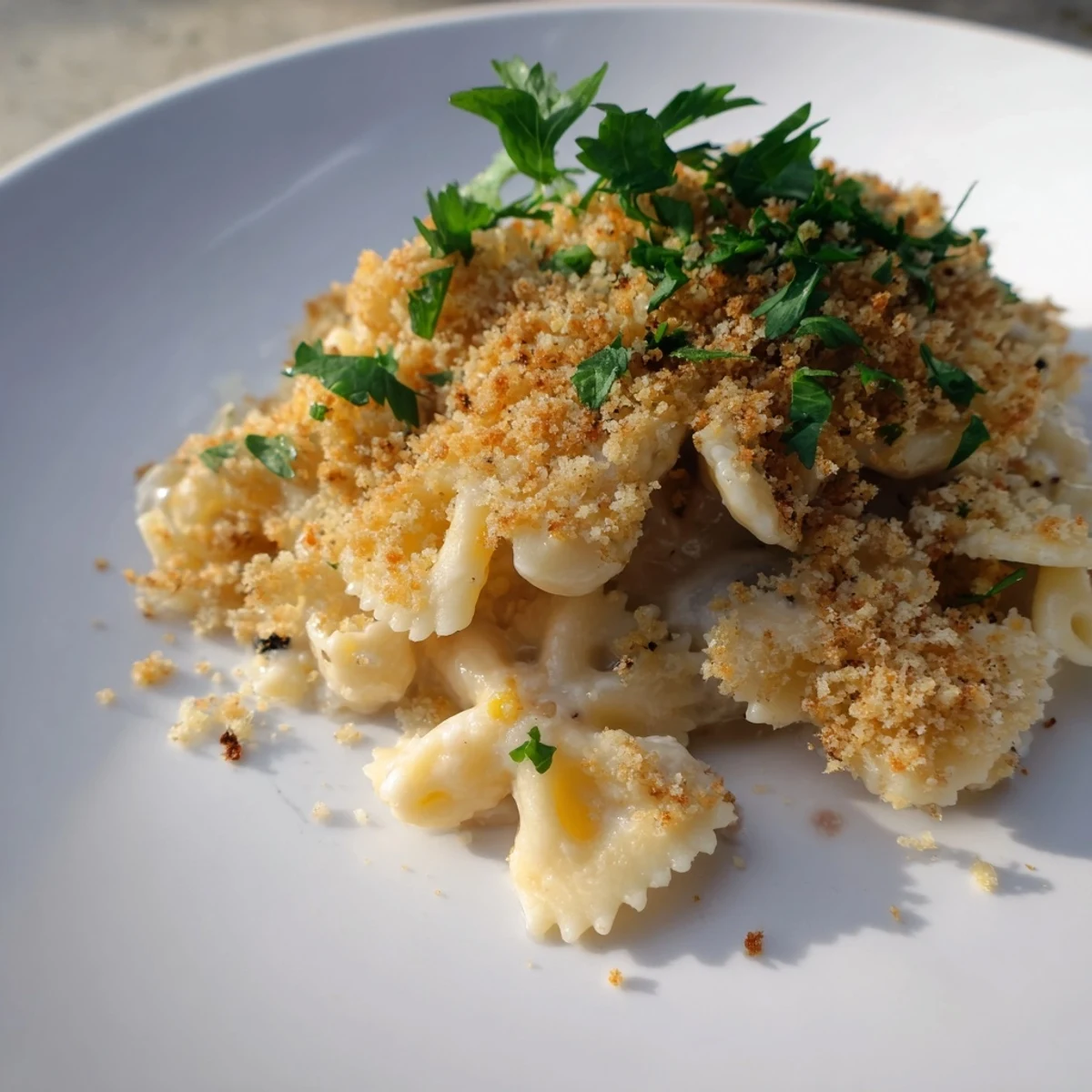 Steaming hot, this Lightened Mac & Cheese Snowflake Pasta Bake shows off its fun pasta shapes.