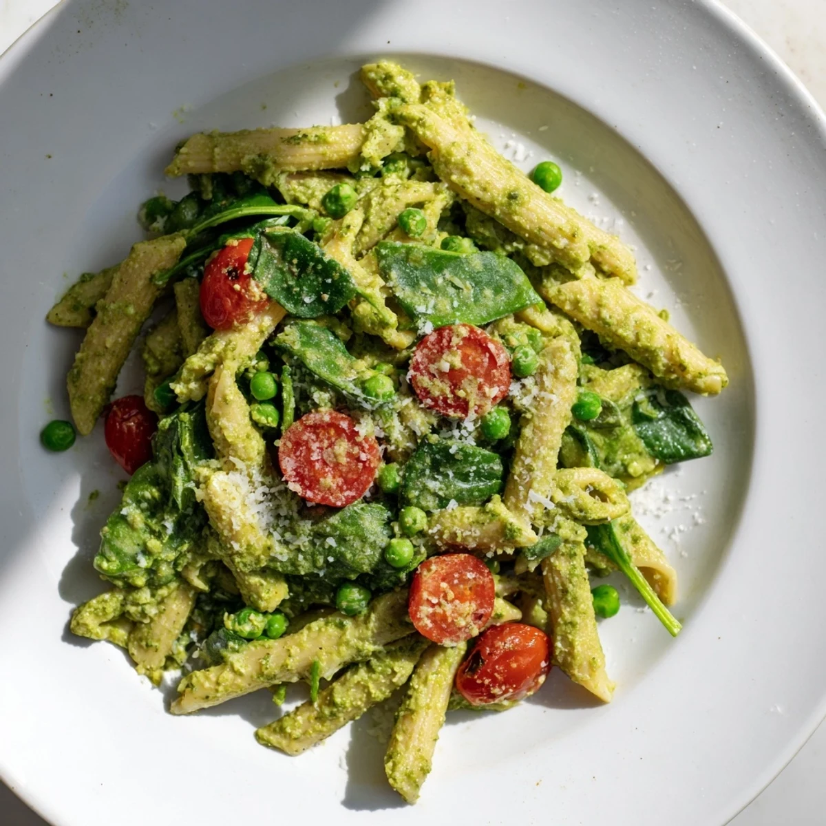 This hearty one-pot creamy pesto pea protein pasta showcases a rich, creamy sauce coating the pasta.