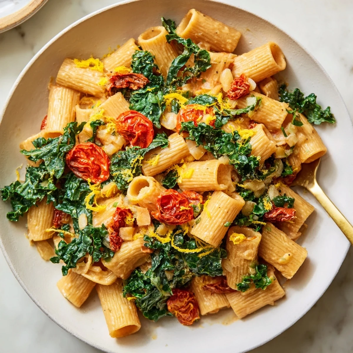 Warm, creamy Healthy Tuscan White Bean & Kale Christmas Pasta with vibrant kale, ready to enjoy.