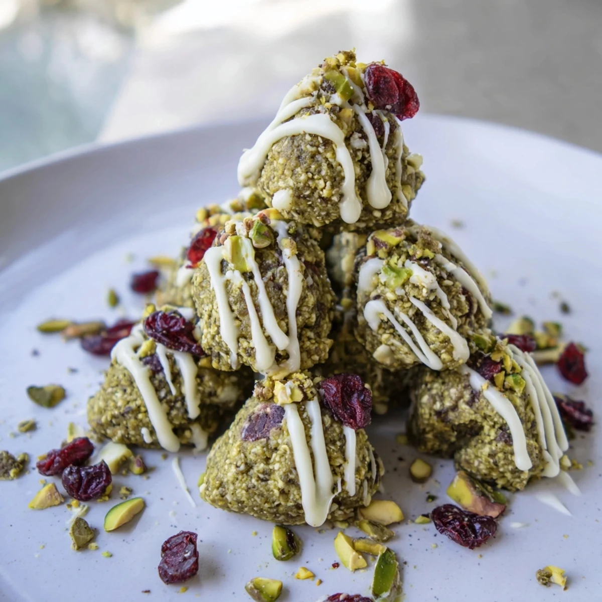 Matcha Pistachio Christmas Tree Energy Bites, drizzled with white chocolate, are a delicious healthy holiday treat.