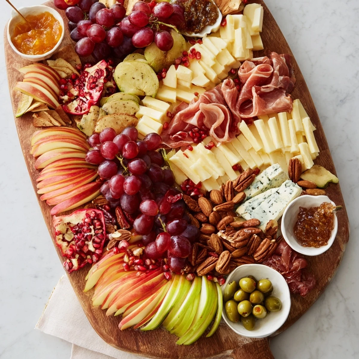 This beautifully arranged Cornucopia Harvest Board features vibrant apples, grapes, and nuts, perfect for sharing.