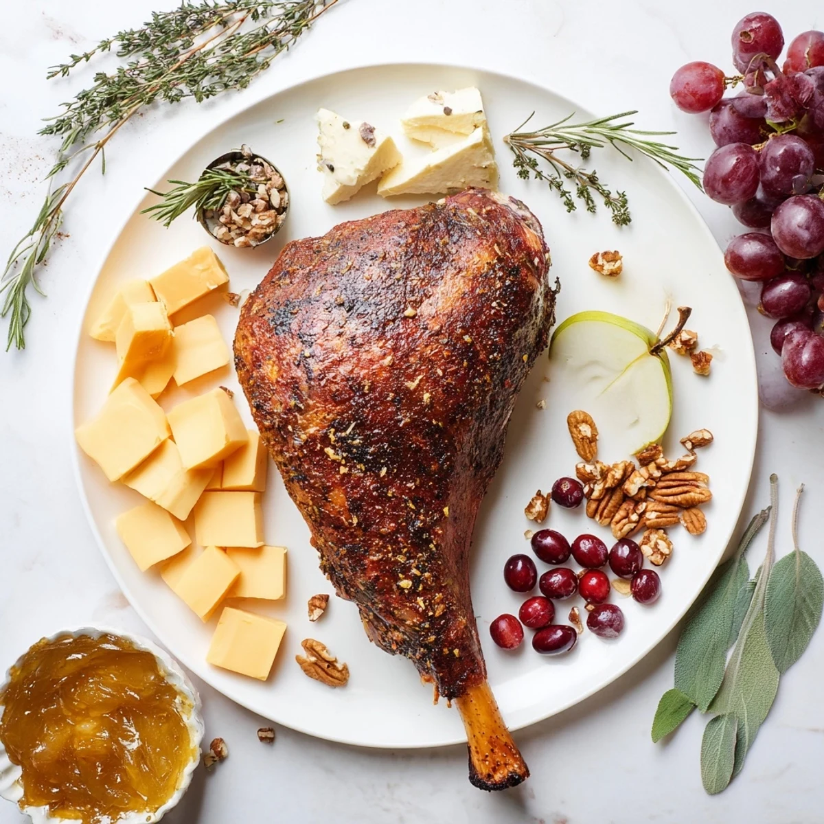 A beautifully arranged Thanksgiving Turkey Legs Charcuterie board with fresh herbs, ready to impress guests.