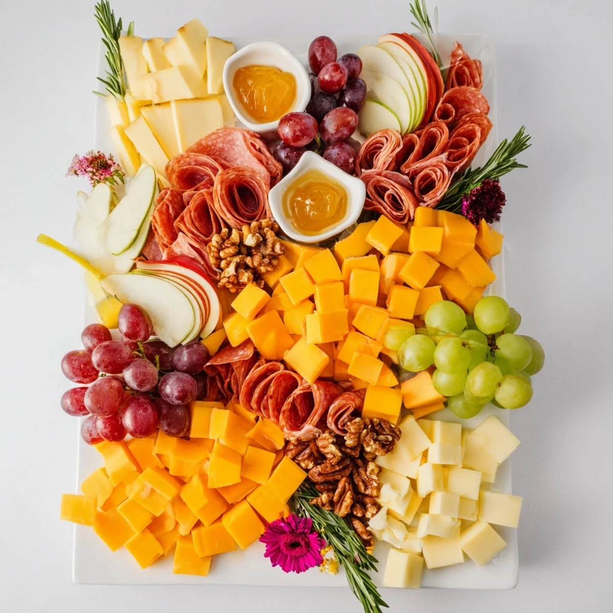 A visually appealing Maple Leaf Grazing Tray, showcasing creamy brie, salty prosciutto, and sweet grapes, ready to serve.