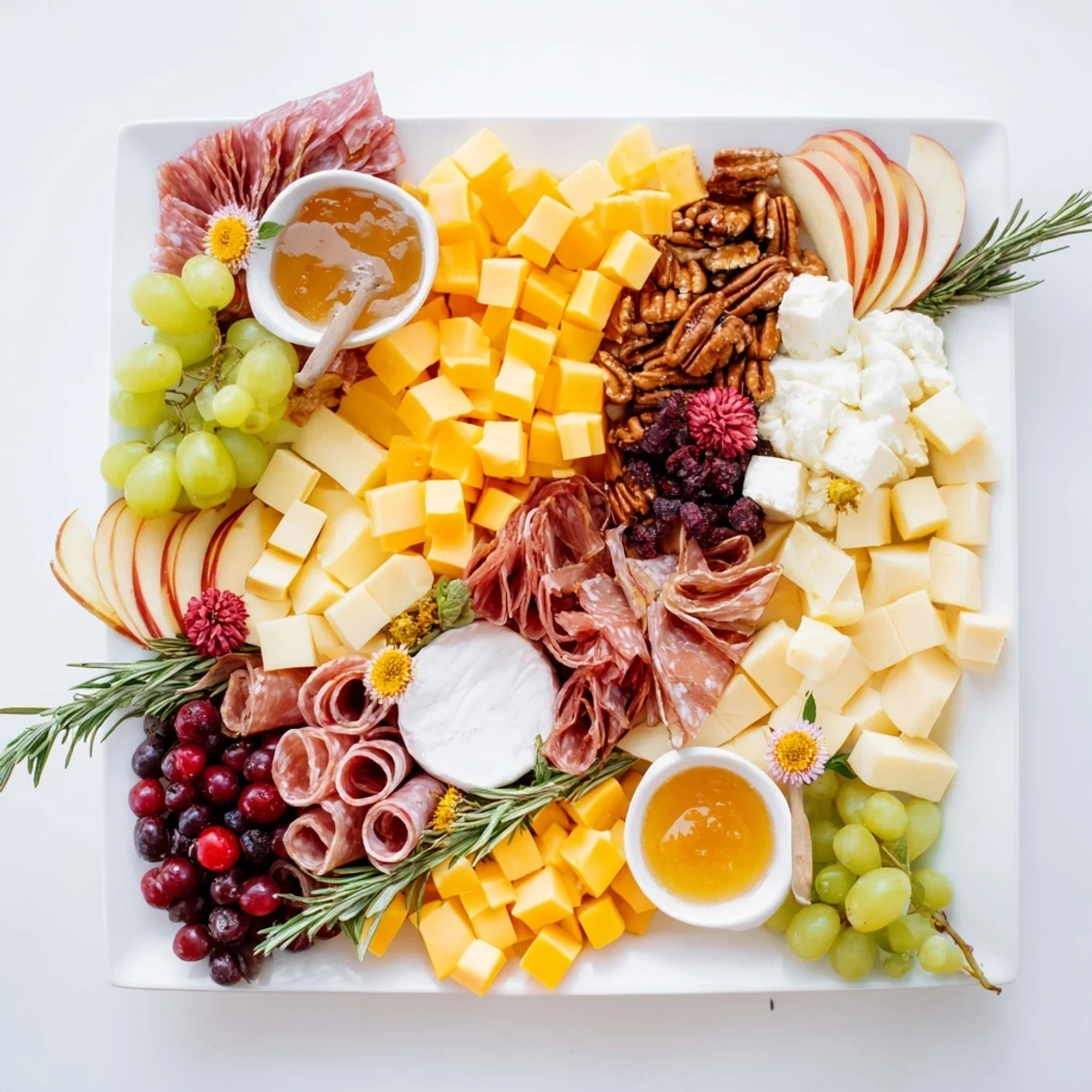 Festive Maple Leaf Grazing Tray with an assortment of cheeses, charcuterie and fruits, perfect for fall gatherings.