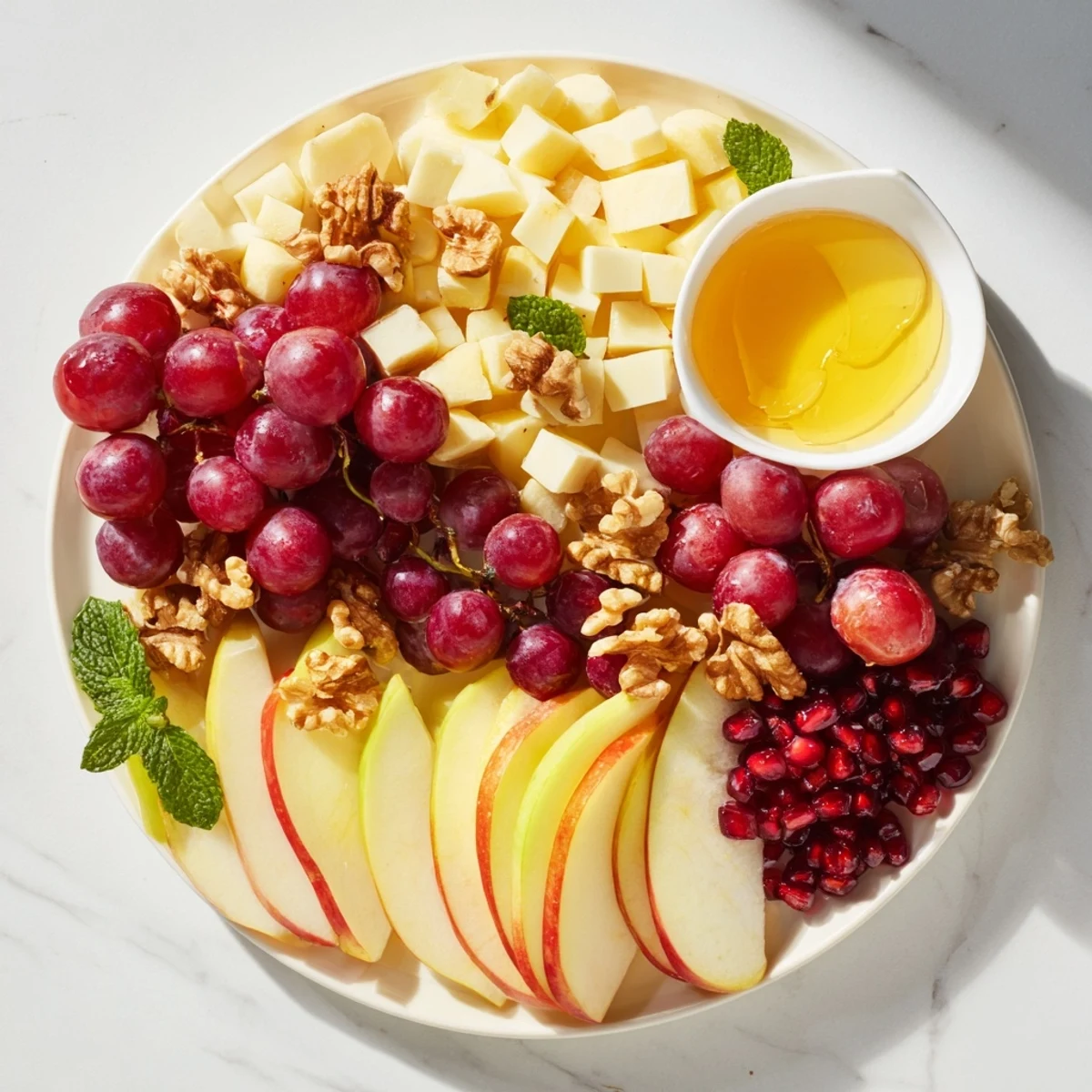 A beautifully arranged apple orchard fruit board, a colorful autumn snack with fresh fruit.