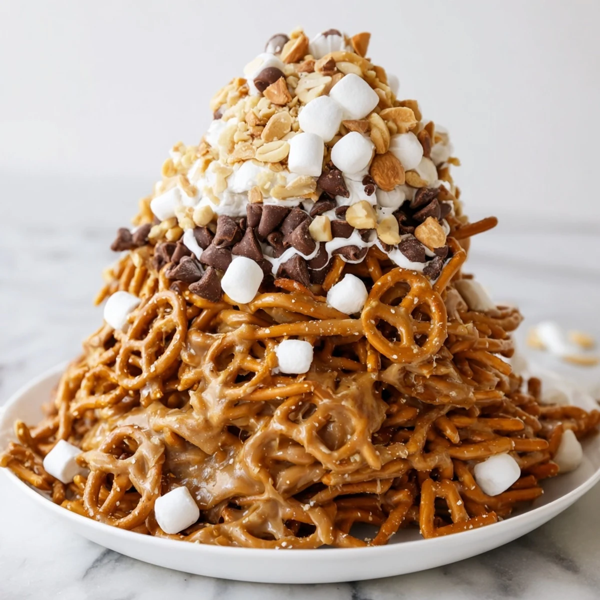 A majestic haystack candy tower, perfect for sharing, with layers of sweet treats.