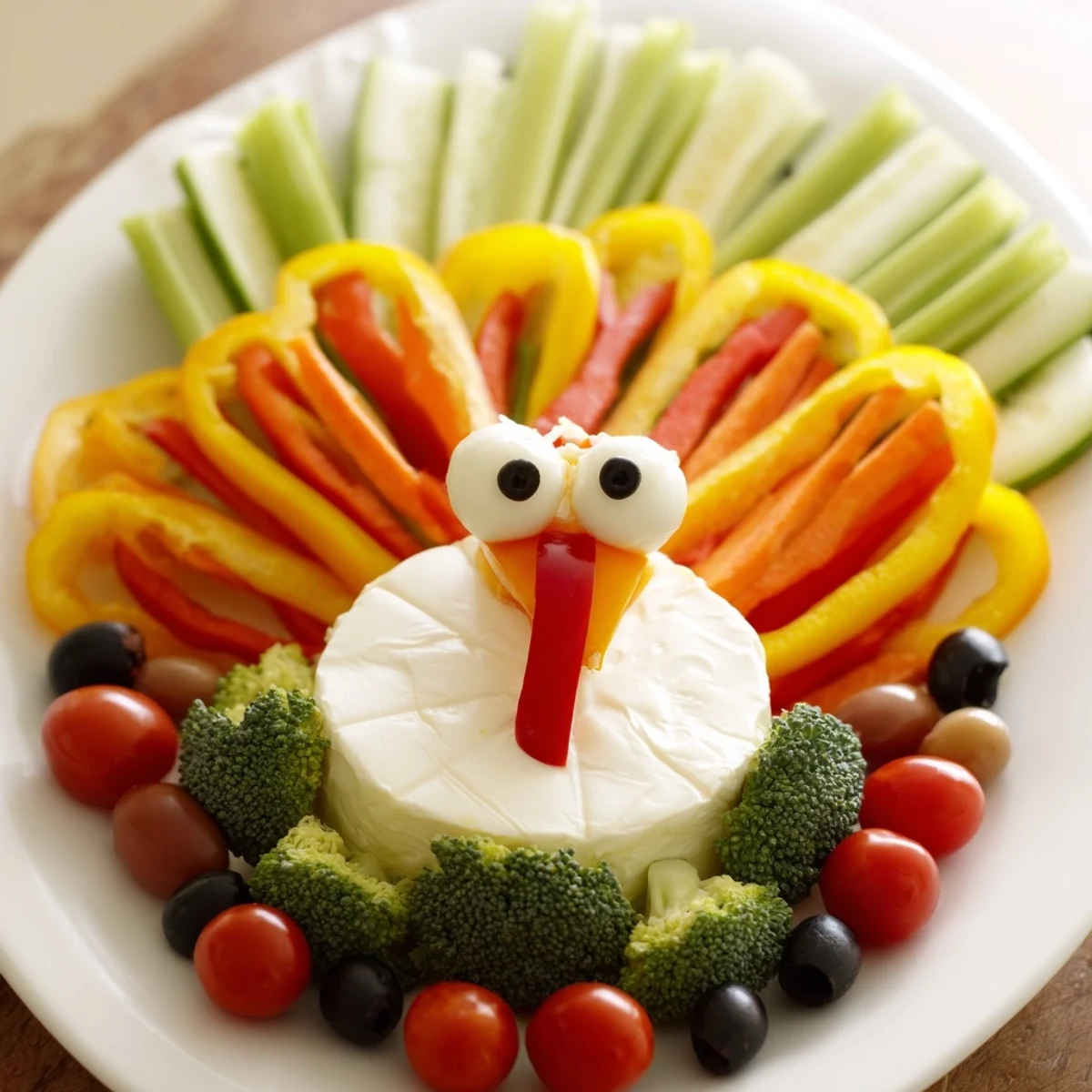 Delicious turkey shaped appetizer tray features vibrant red, orange, and green veggies surrounding soft cheese.