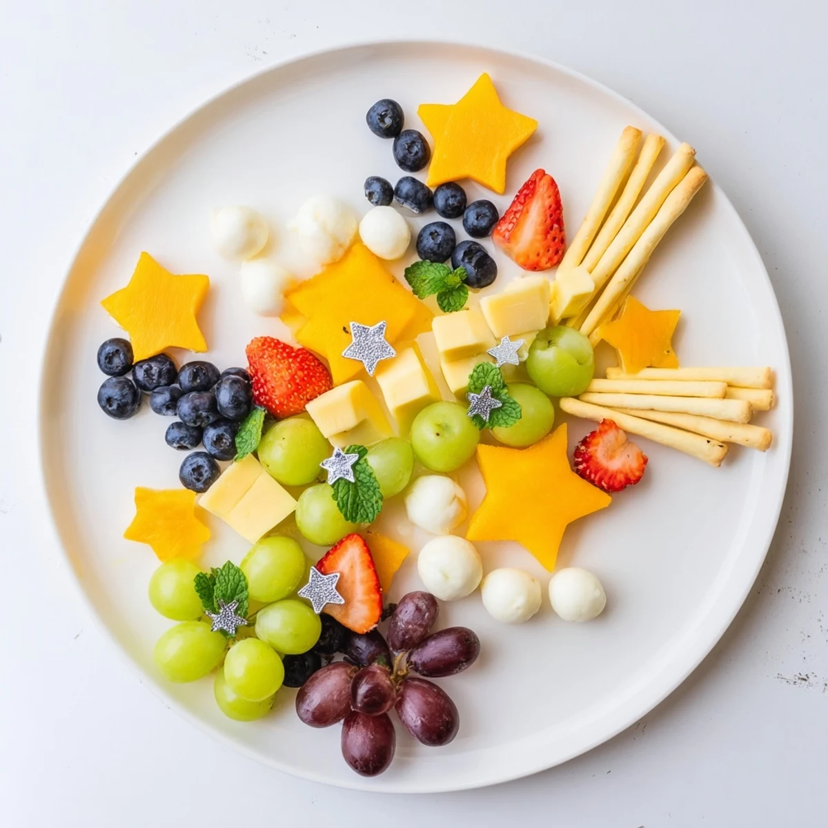 Delicious Comet & Planet Grazing Tray with cheese "planets" and star-like strawberries and blueberries.
