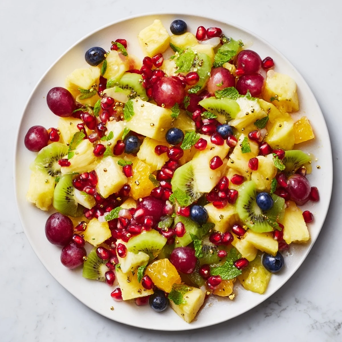 Close-up of a refreshing Three Kings Royal Fruit Platter with honey-lime dressing and fresh mint.
