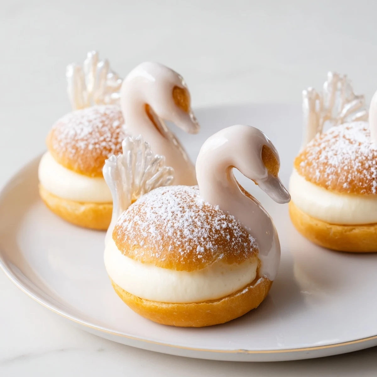 Elegant Swan Petit Fours displayed on a platter, ready for tea, each glazed swan a work of art.