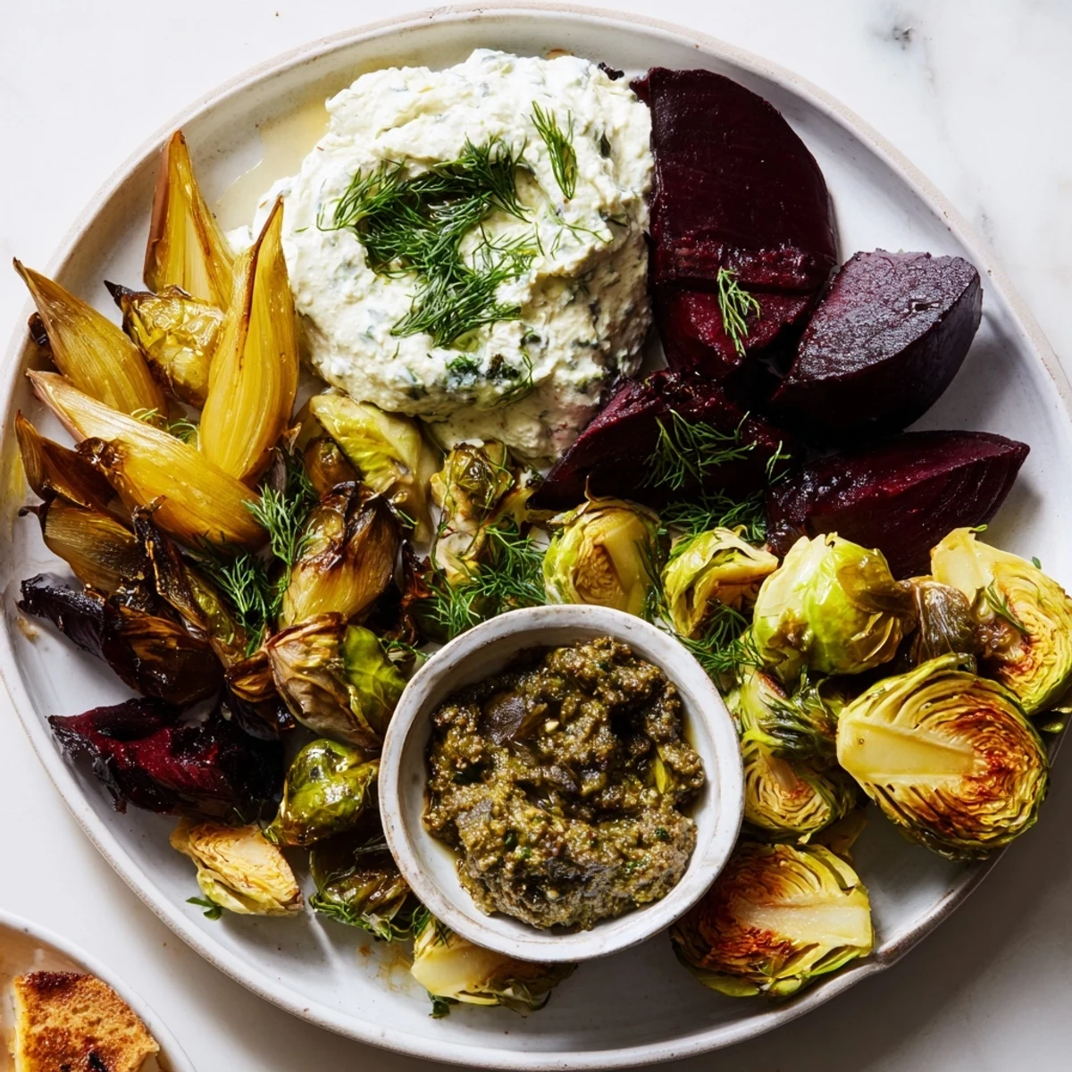 A vibrant Pine Forest Winter Mezze Board, showcasing a delightful arrangement of Mediterranean-inspired flavors and textures.