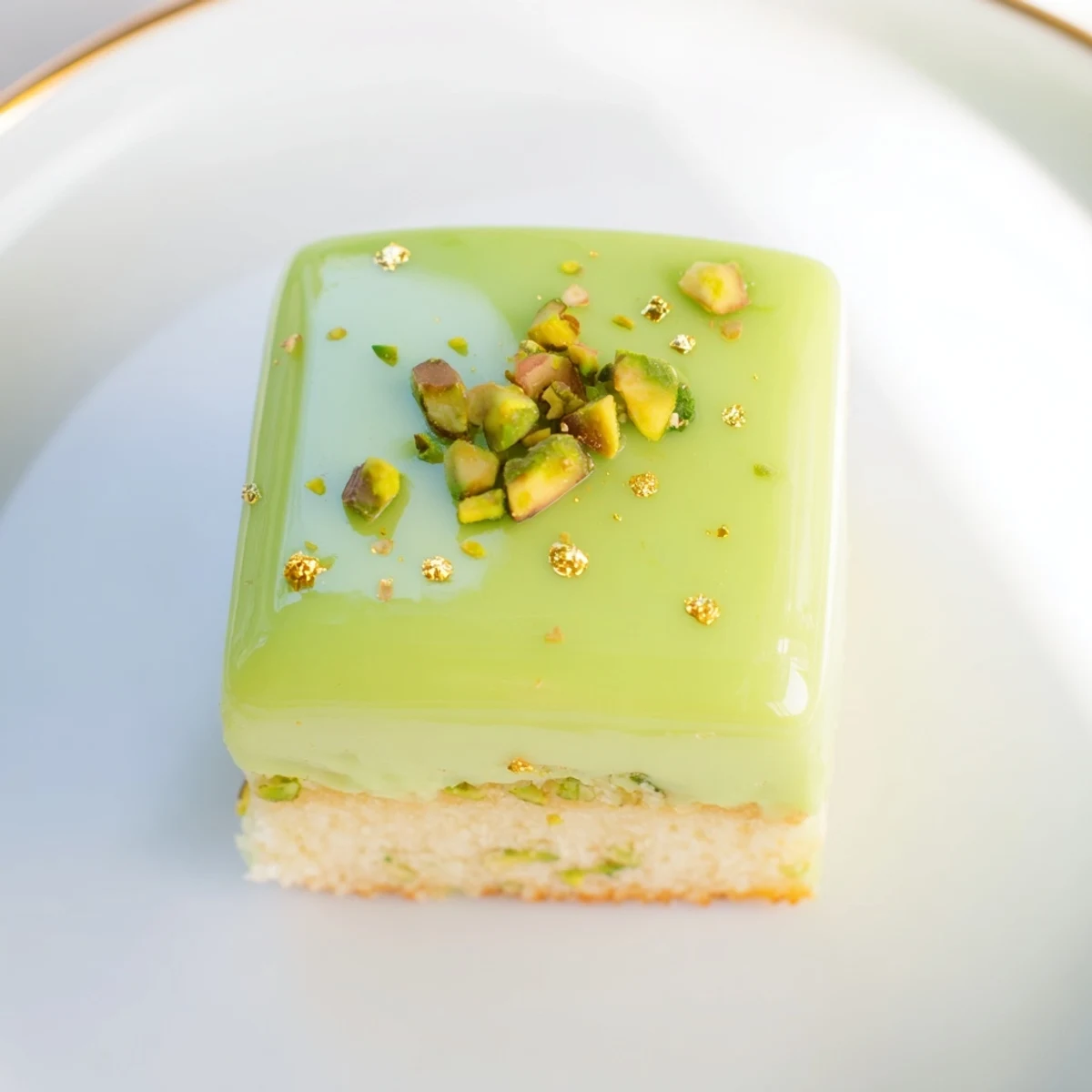 Vibrant close-up of Grenouille Royale Petits Fours, showing layers of sponge and pistachio cream.