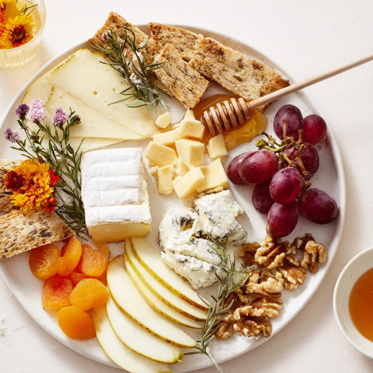 A stunning Honeycomb, Honey & Cheese Board with glistening floral honey and seasonal fruits ready to enjoy.