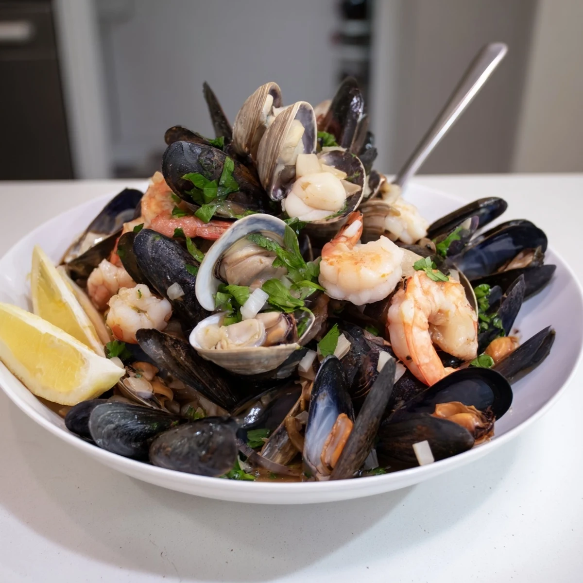 Steaming Shellfish & Seafood Medley overflowing on a serving platter, perfect for a special meal.