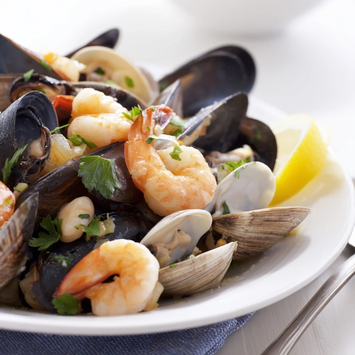 This vibrant Shellfish & Seafood Medley showcases plump clams, mussels, and shrimp, ready to eat.