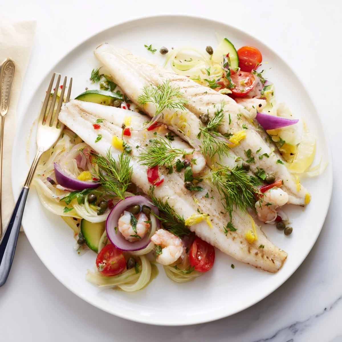 Plongeons dans l'Océan Poisson Bleu: a baked dish featuring flaky, cooked blue fish and tender vegetables.