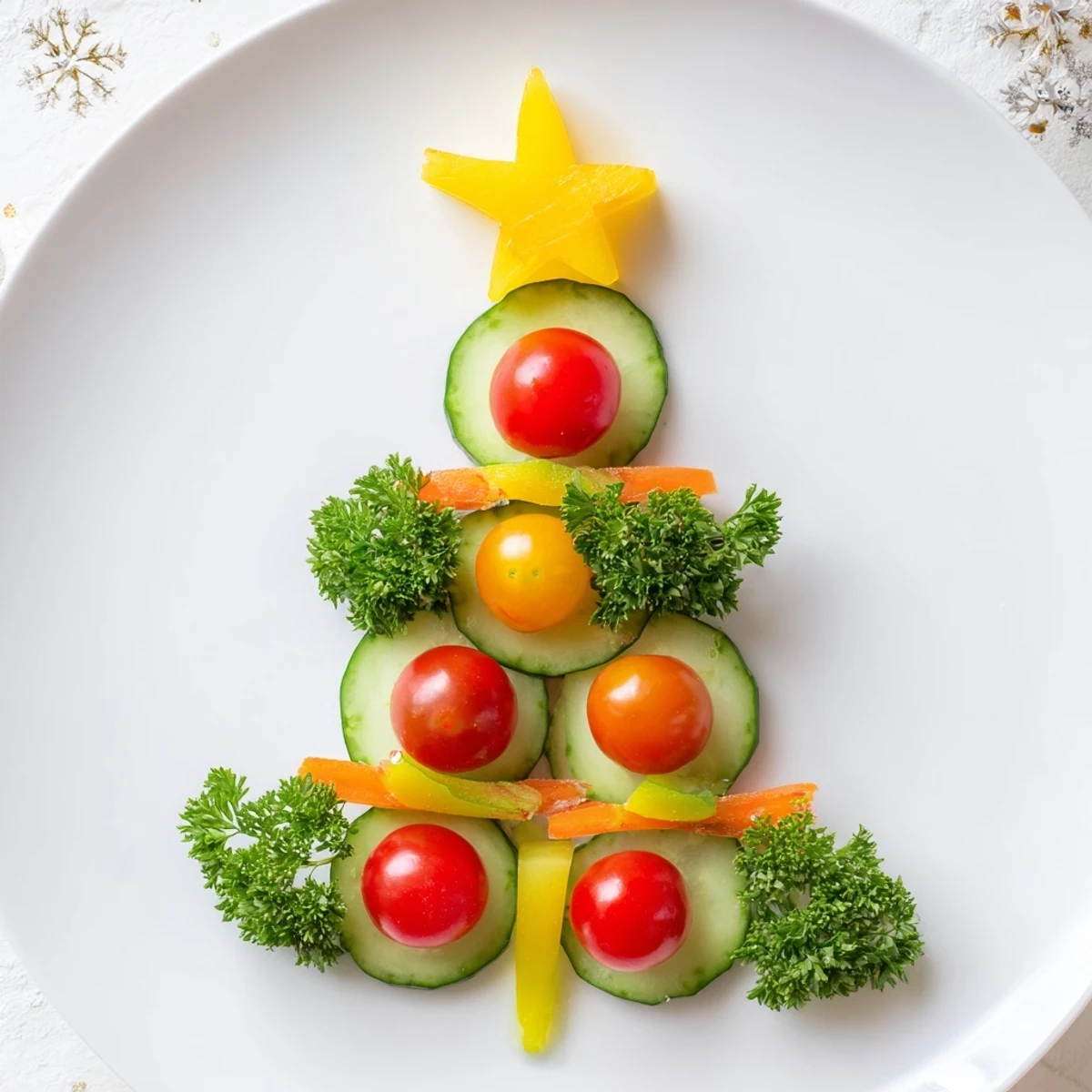Festive Tree Cucumber Tomato Platter with vibrant tomatoes and cucumbers, a healthy holiday appetizer.