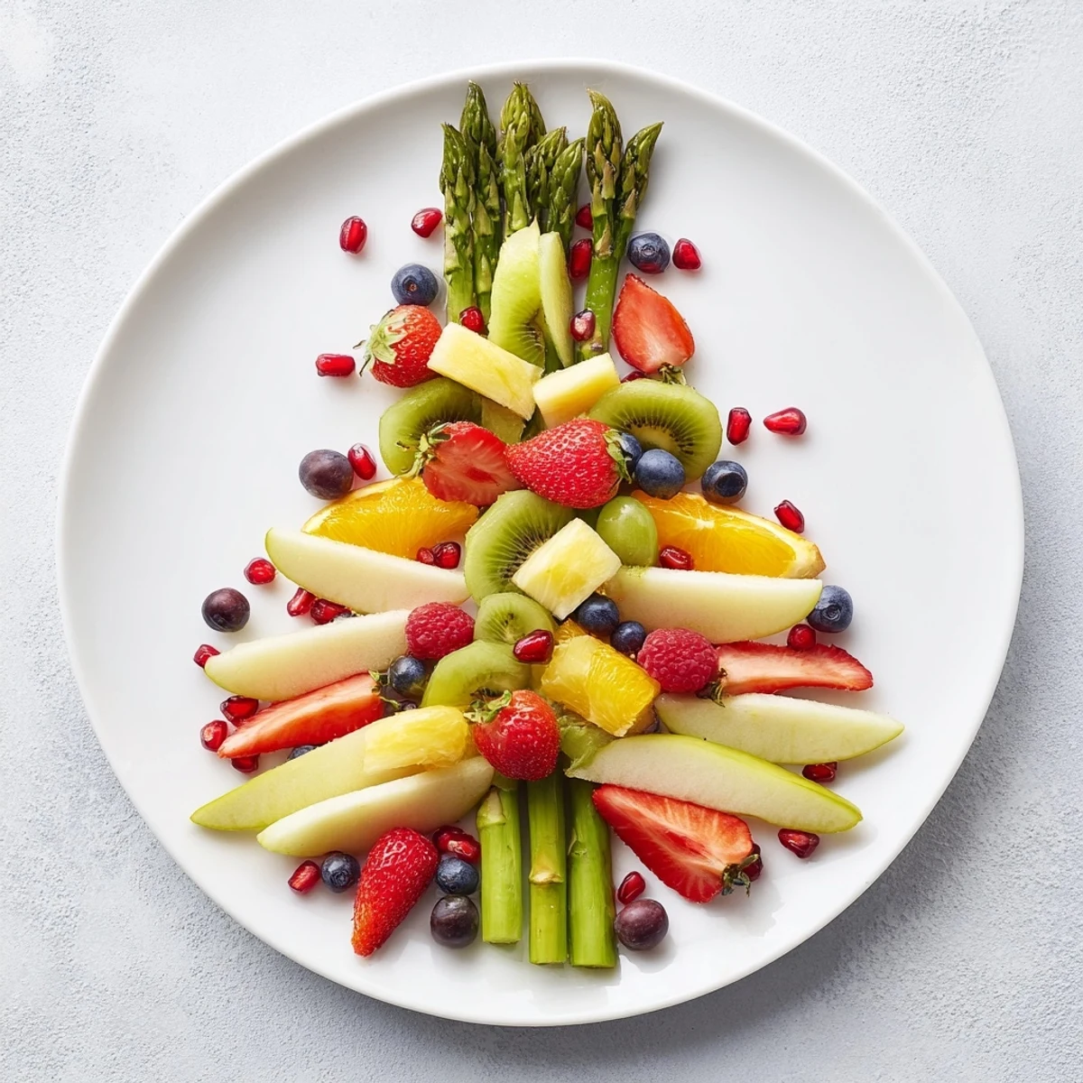 Fresh asparagus stems artfully arranged like blossoming branches on a colorful Asparagus Stem Floral Fruit Board.