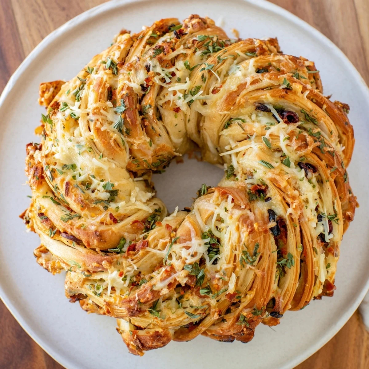 Fluffy Savory Herb and Cheese Olive Wreath, golden and fragrant, ready for a warm appetizer.